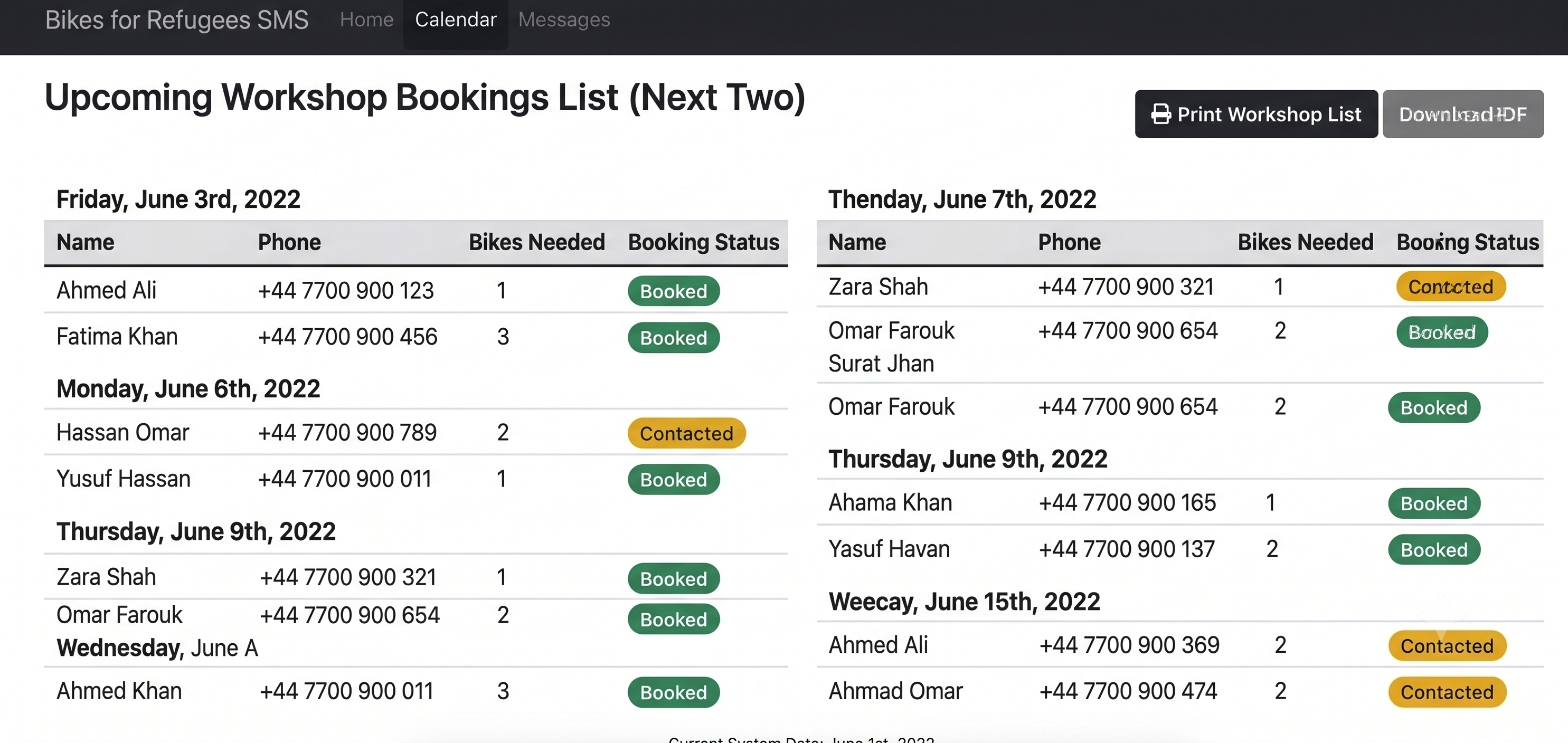Two-week bookings view